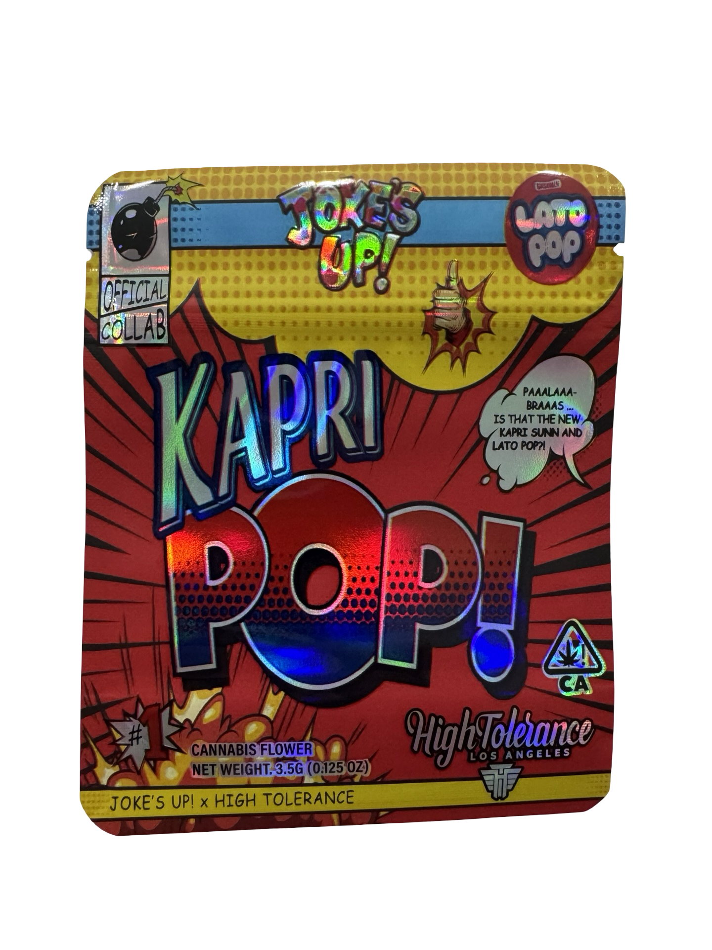 High Tolerance Kapri Pop 3.5g mylar bag — front view — matte mylar bag with holographic spot uv effects with resealable zipper