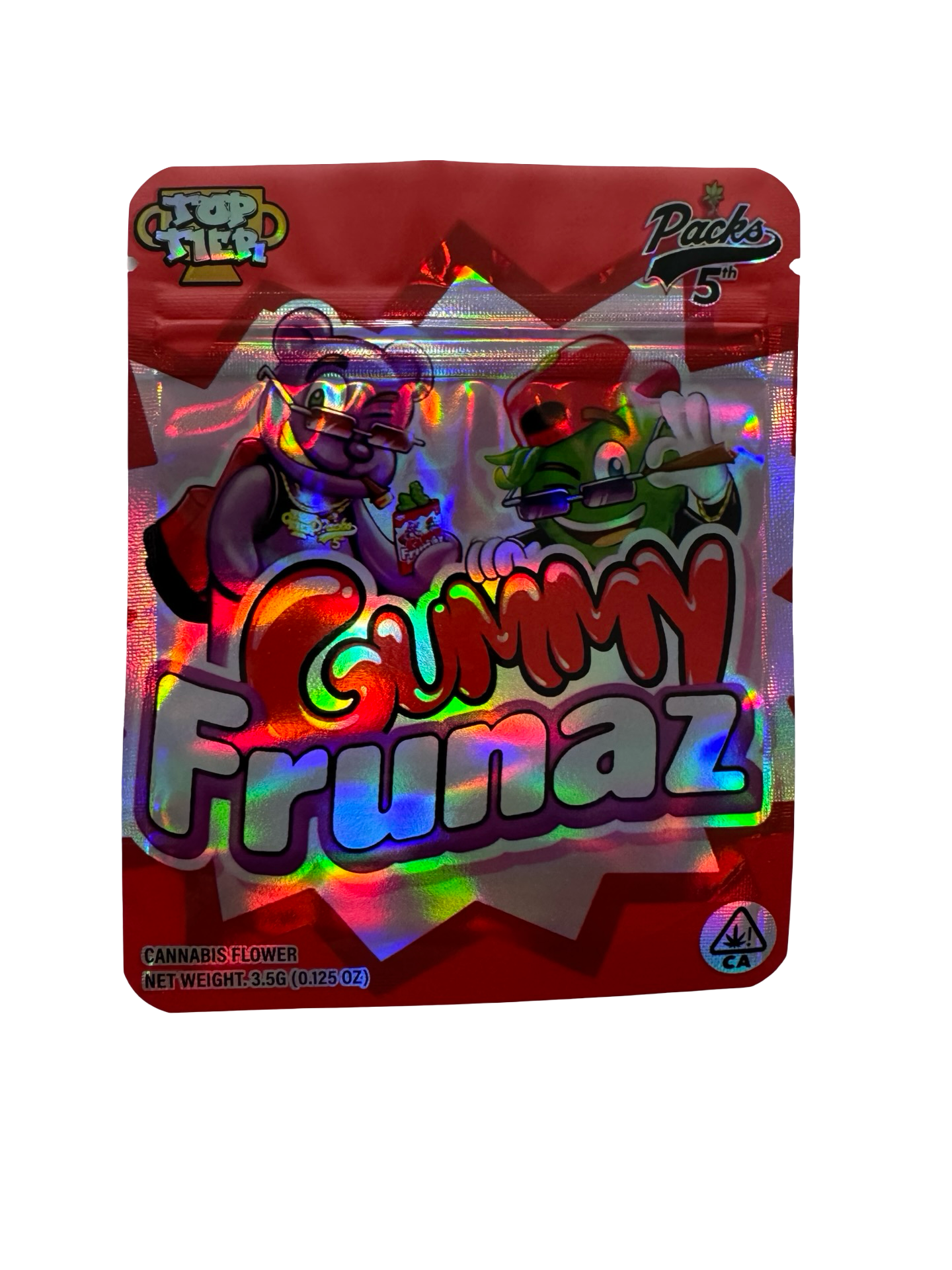 Top Tier Gummy Frunaz 3.5g mylar bag — front view — matte mylar bag with holographic spot uv effects with resealable zipper