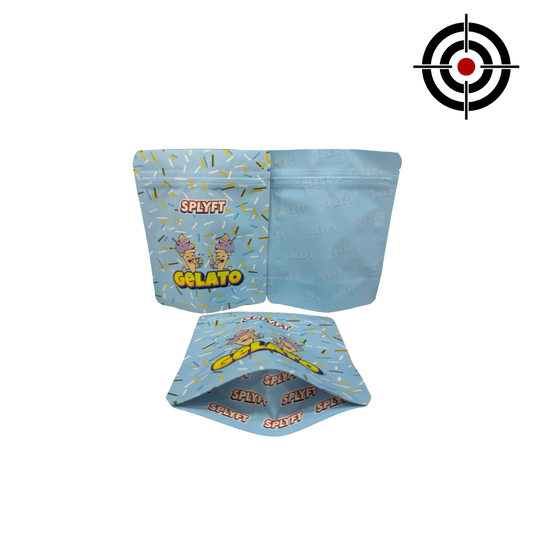 Splyft Gelato 3.5g mylar bag — front & back — matte mylar bag with resealable zipper