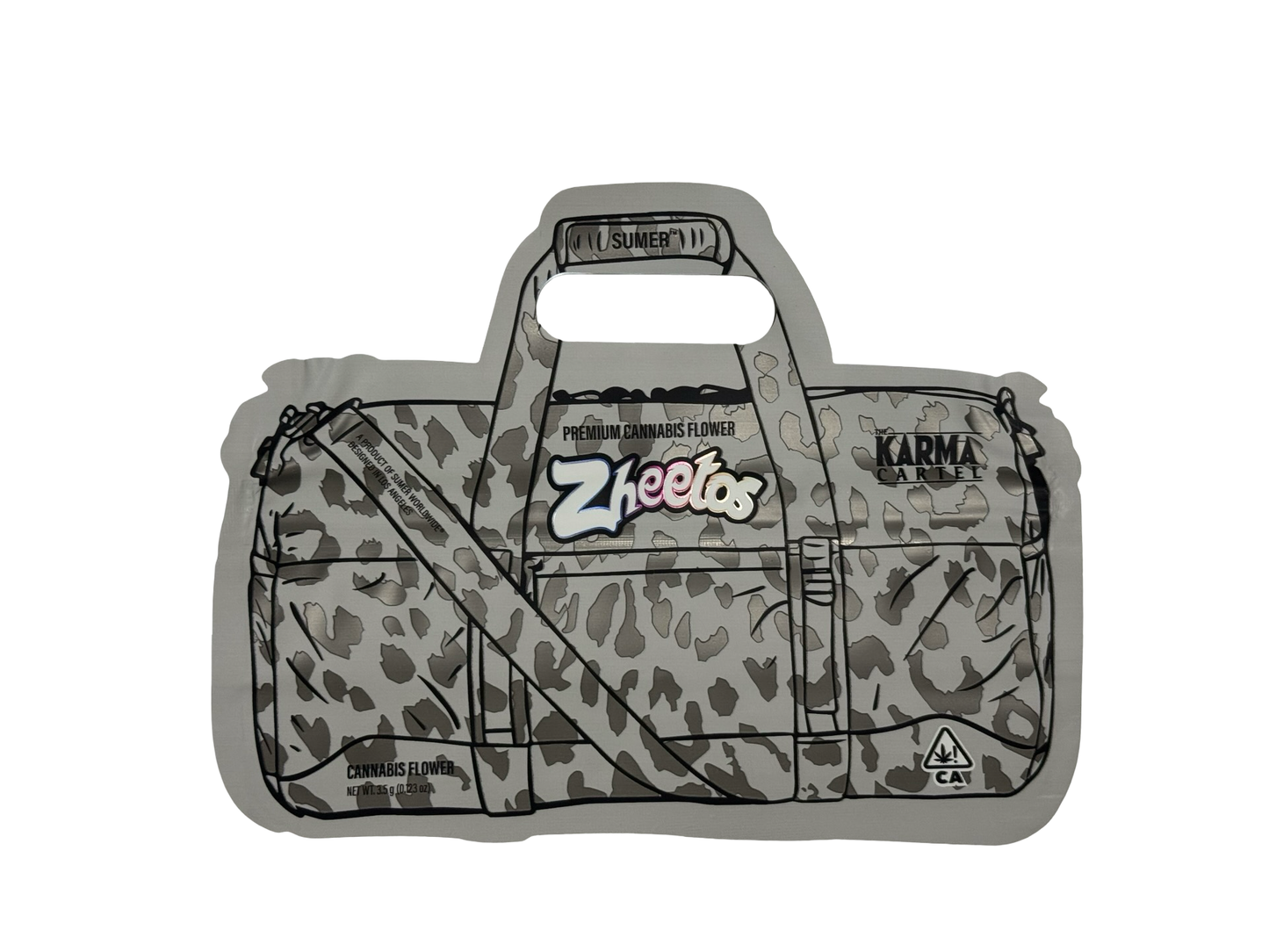 Gray camouflage 3.5g mylar bag with 'Zheetos' and 'Karma Cartel' branding on a white background