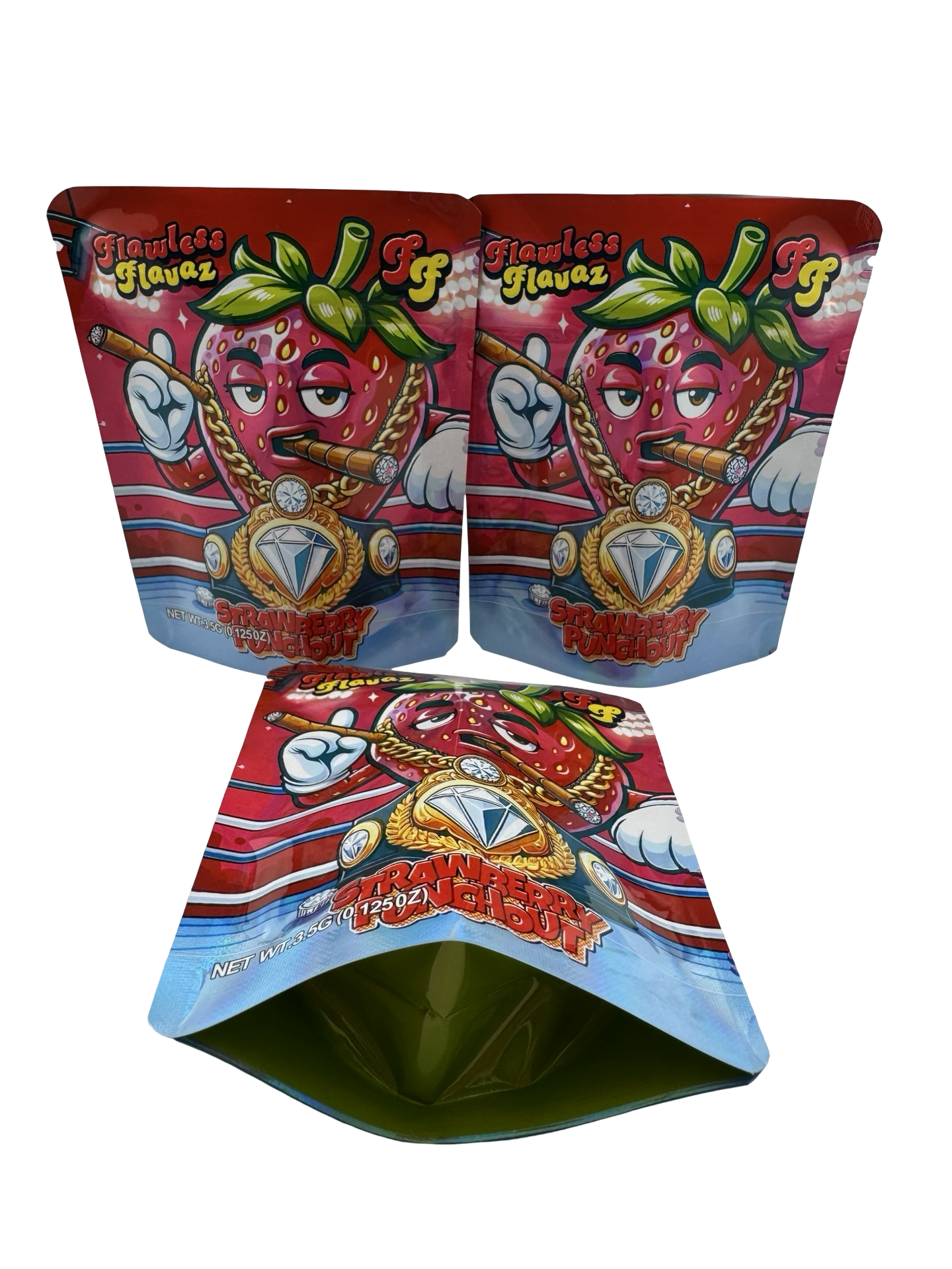 Strawberry Punchout 3.5g Mylar Bags Flawless Flavaz ($0.09 per bag) - Fire Mylar  