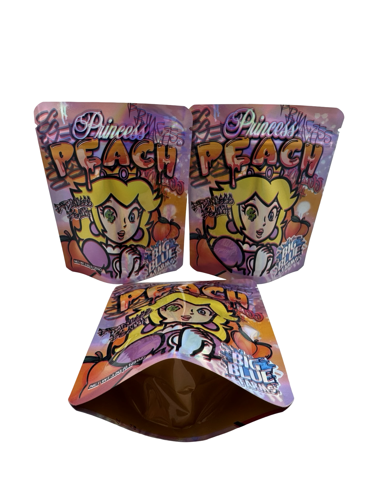 Princess Peach 3.5g Mylar Bags Big Blue Farms ($0.09 per bag) - Fire Mylar  