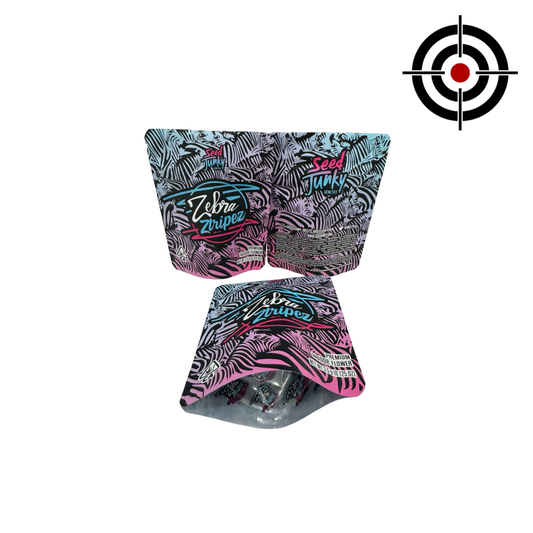 Zebra Ztripez Mylar Bags 3.5g Seed Junky — 3.5g pre‑printed mylar bag — overview (front, back & gusset)