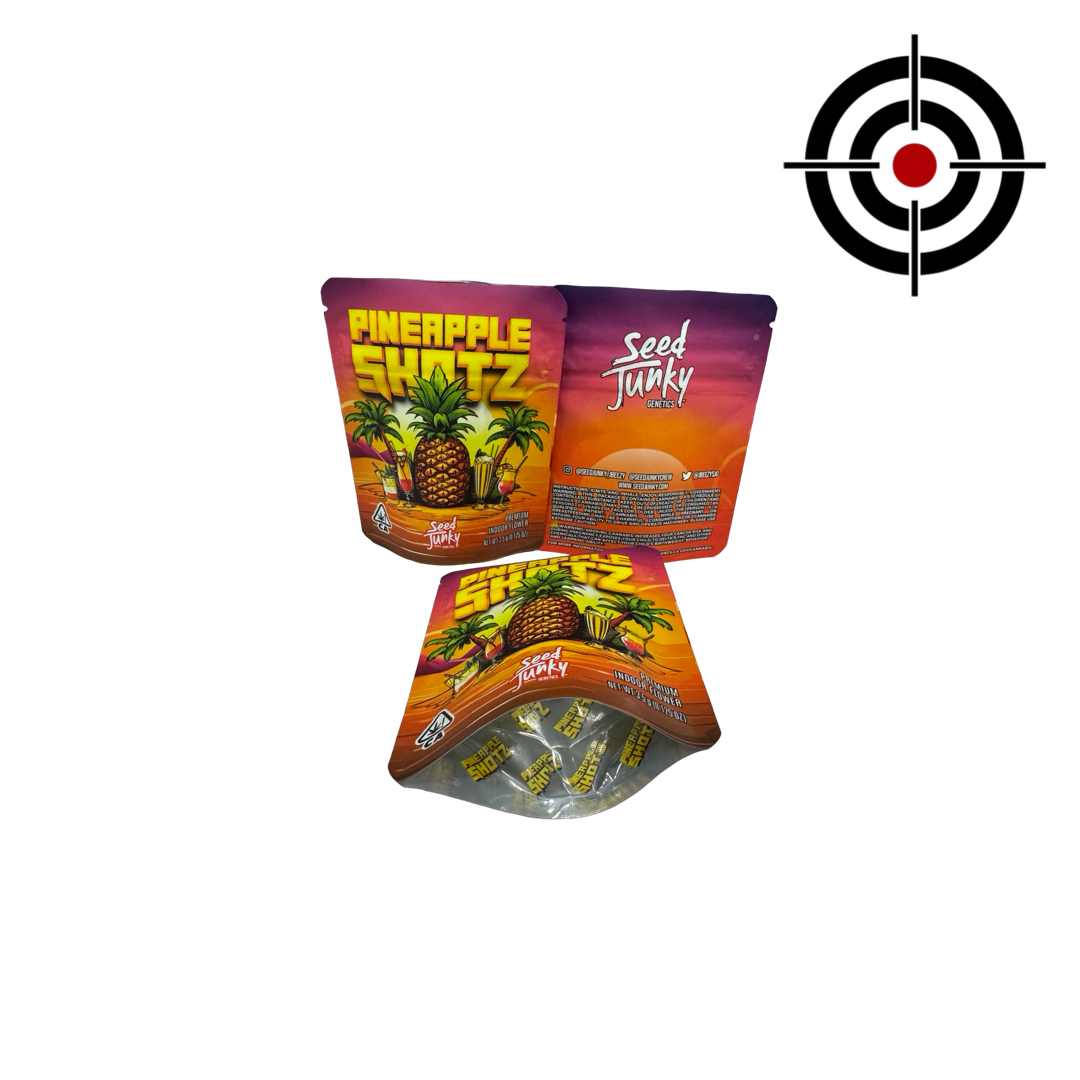 Pineapple Shotz Mylar Bags 3.5g Seed Junky — 3.5g pre‑printed mylar bag — overview (front, back & gusset)