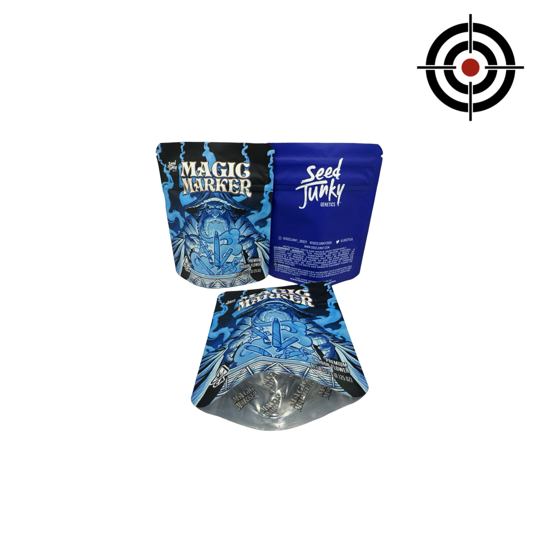 Magic Marker Mylar Bags 3.5g Seed Junky — 3.5g pre‑printed mylar bag — overview (front, back & gusset)