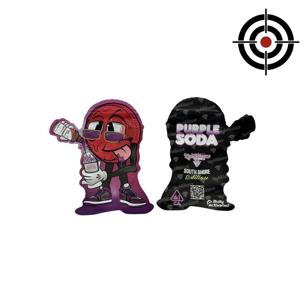 Purple Soda Mylar Bags 3.5g High Tolerance — 3.5g pre‑printed mylar bag — overview (front, back & gusset)