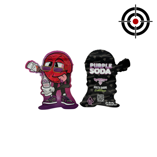 Purple Soda Mylar Bags 3.5g High Tolerance — 3.5g pre‑printed mylar bag — overview (front, back & gusset)