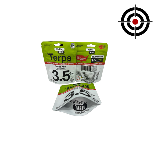 Unlimited Terps Mylar Bags 3.5g Up The Hill Exclusive — 3.5g pre‑printed mylar bag — front