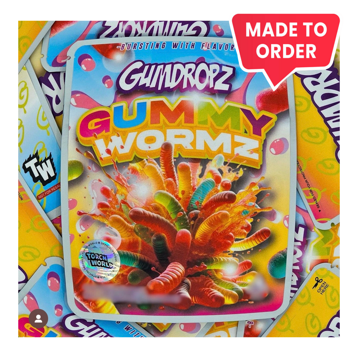 Gummy Wormz Gumdropz 3.5g Mylar Bags Sprinklez Torch World (made-to-order) - Fire Mylar  