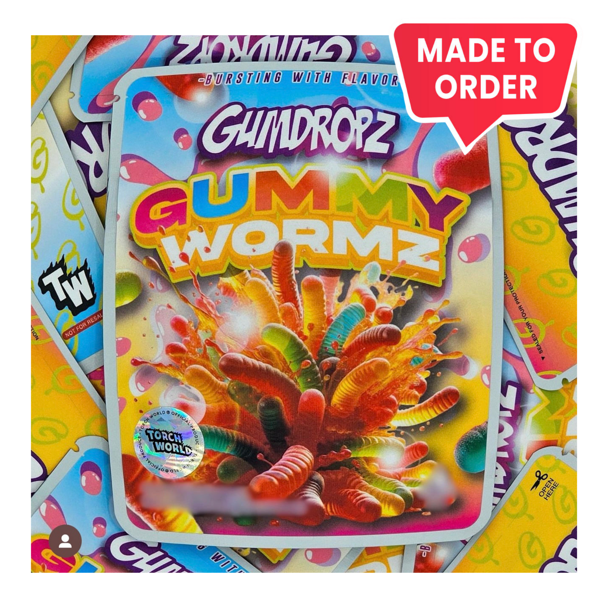 Gummy Wormz Gumdropz 3.5g Mylar Bags Sprinklez Torch World (made-to-order) - Fire Mylar  