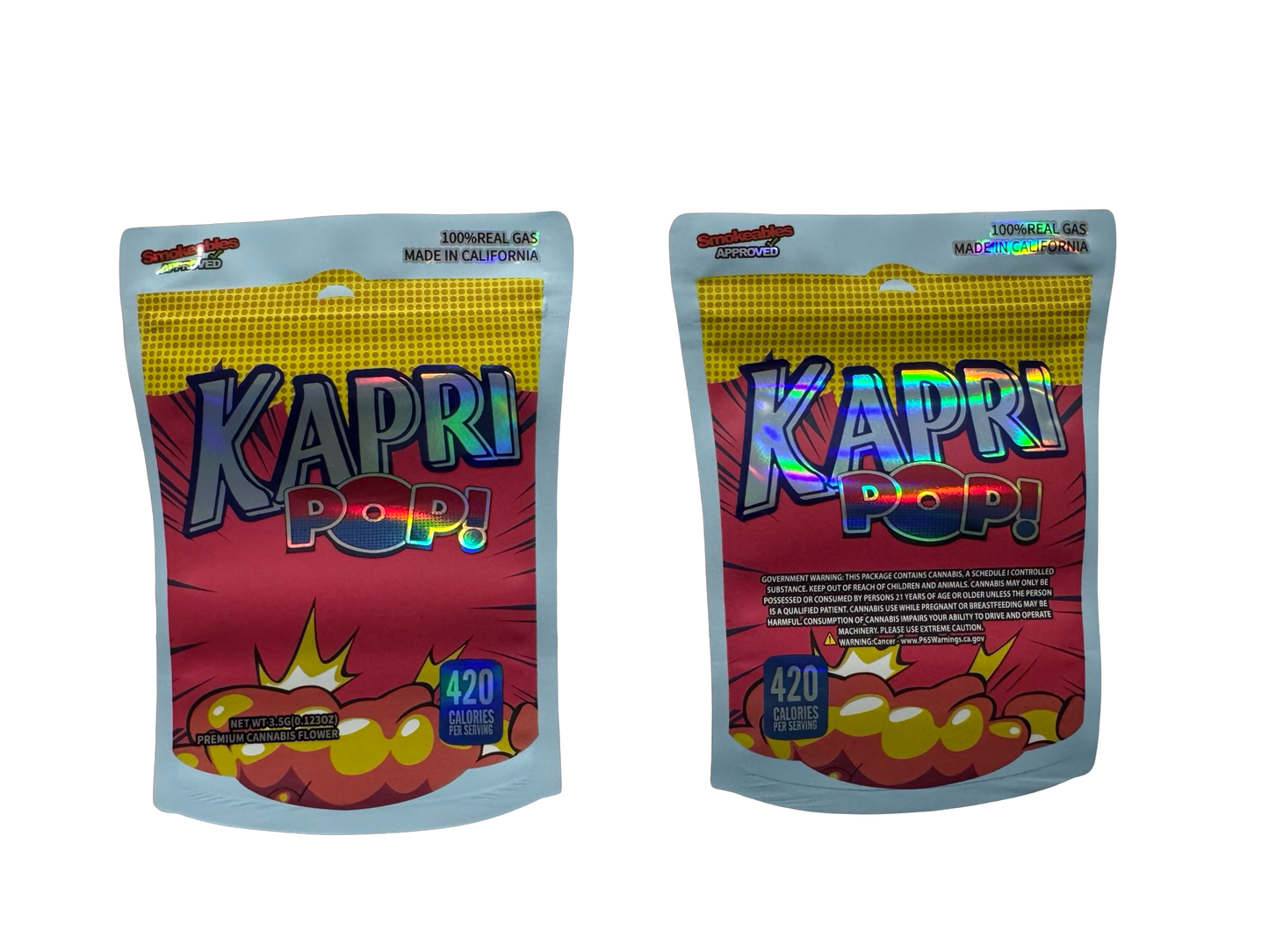 Kapri Pop 3.5g Mylar Bags High Tolerance front and back