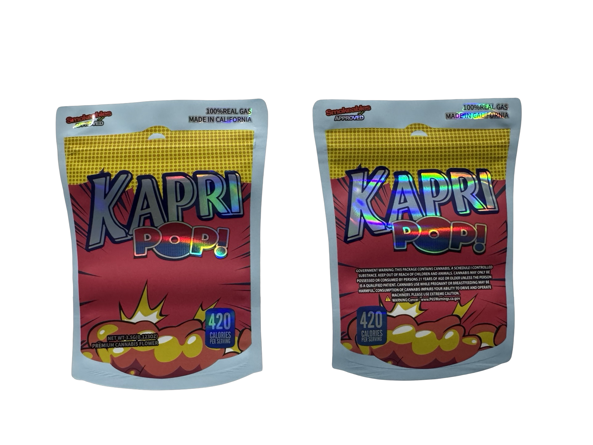 Kapri Pop 3.5g Mylar Bags High Tolerance front and back