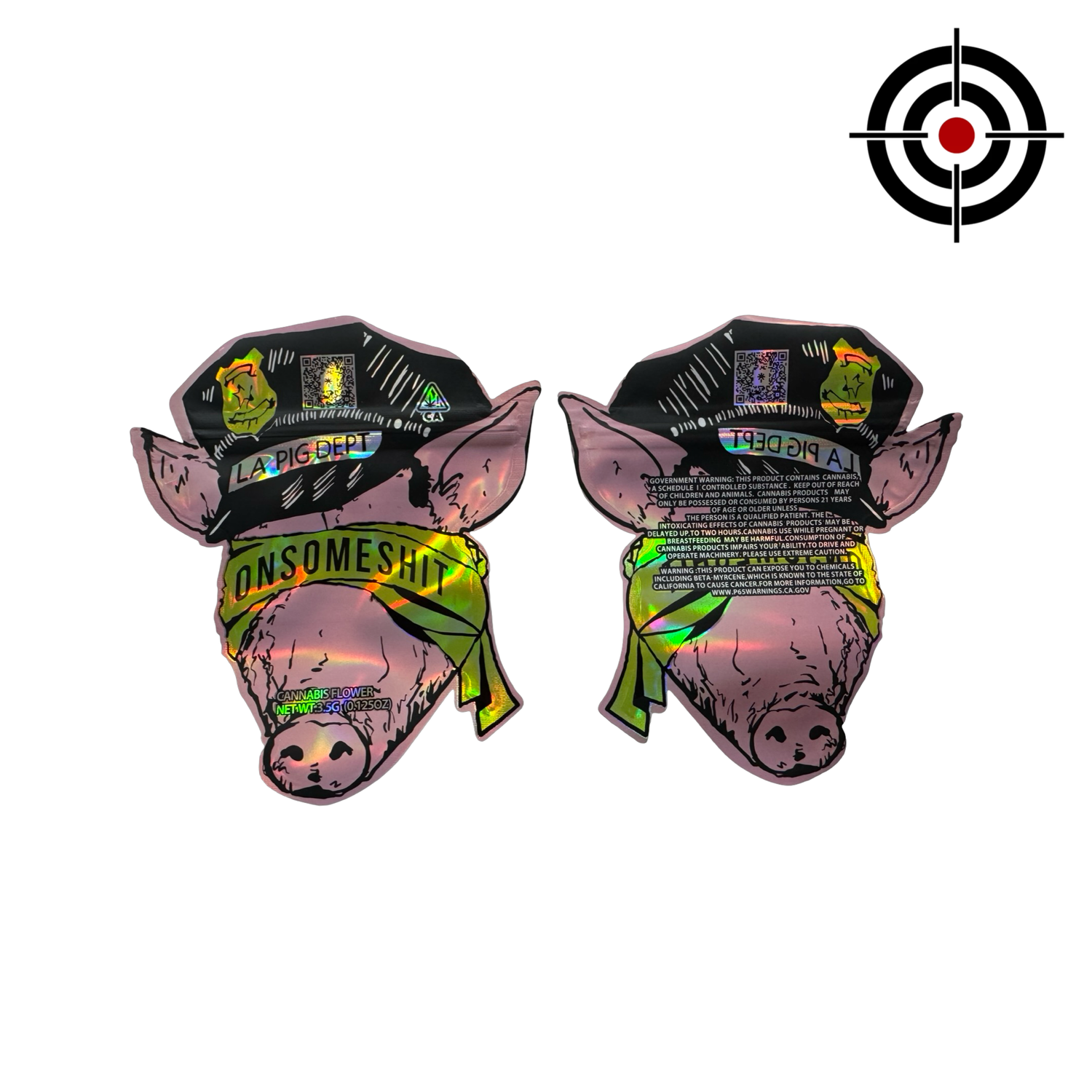LA Pig Dept Mylar Bags 3.5g ONSOMESHIT — 3.5g pre‑printed mylar bag — overview (front, back)