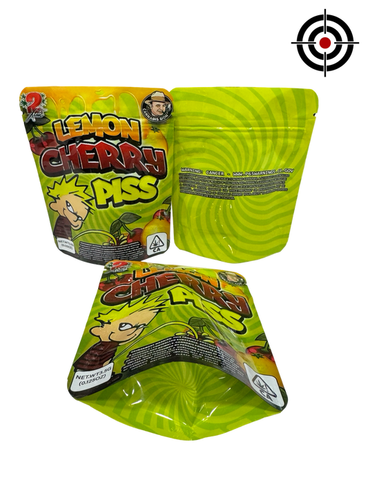 Lemon Cherry Piss Mylar Bags 3.5g 2Xotic — 3.5g pre‑printed mylar bag — overview (front, back & gusset)
