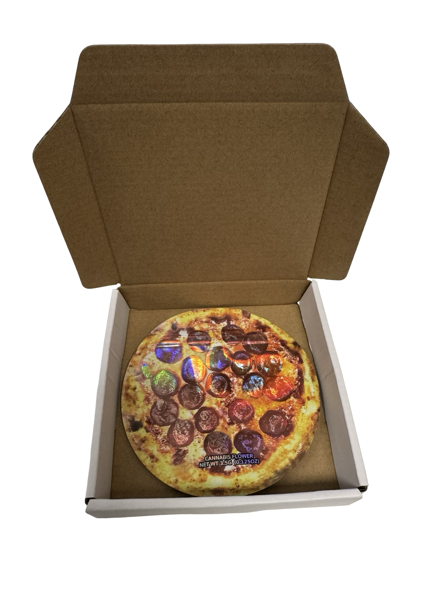 Little Zasars 3.5g Mylar Bag & Box pizza box interior