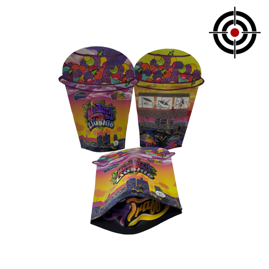 Loganberry Zlushie 3.5g Mylar Bags LA Traffic front, back and gusset