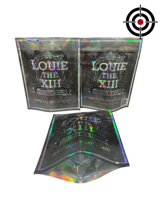 Louie the XIII Mylar Bags 3.5g OG Louie the XIII — 3.5g pre‑printed mylar bag — overview (front, back & gusset)