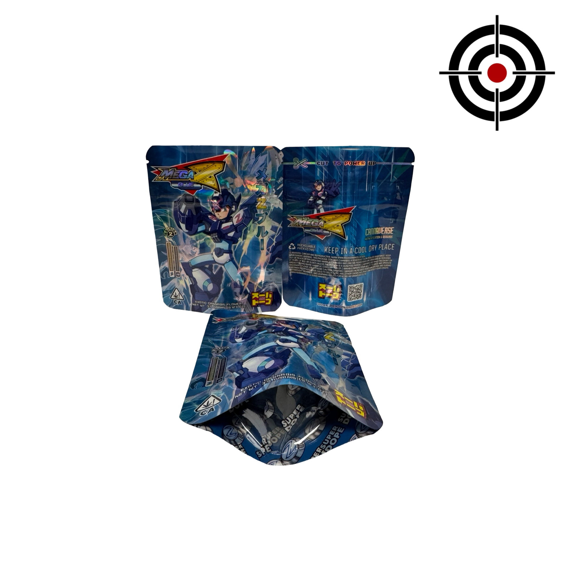 Mega Z Blue Edition 2 Mylar Bags 3.5g Super Dope front, back and gusset