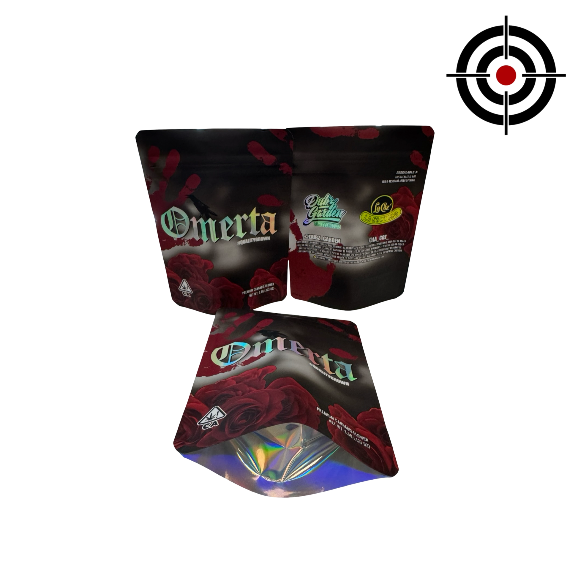 Omerta 3.5g Mylar Bags Dubz Garden front, back and gusset