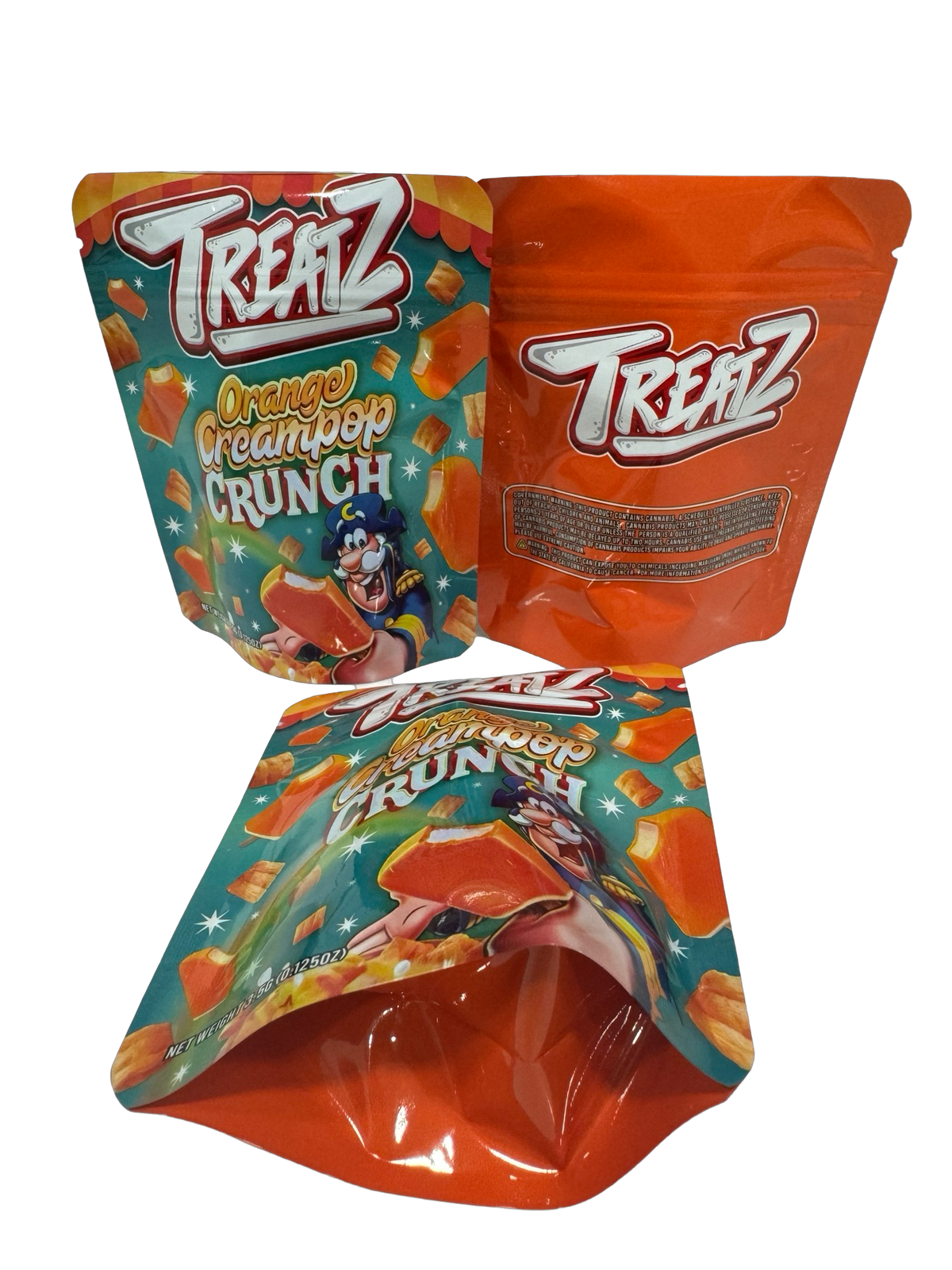 Orange Creampop Crunch 3.5g Mylar Bags Treatz — front, back and standing
