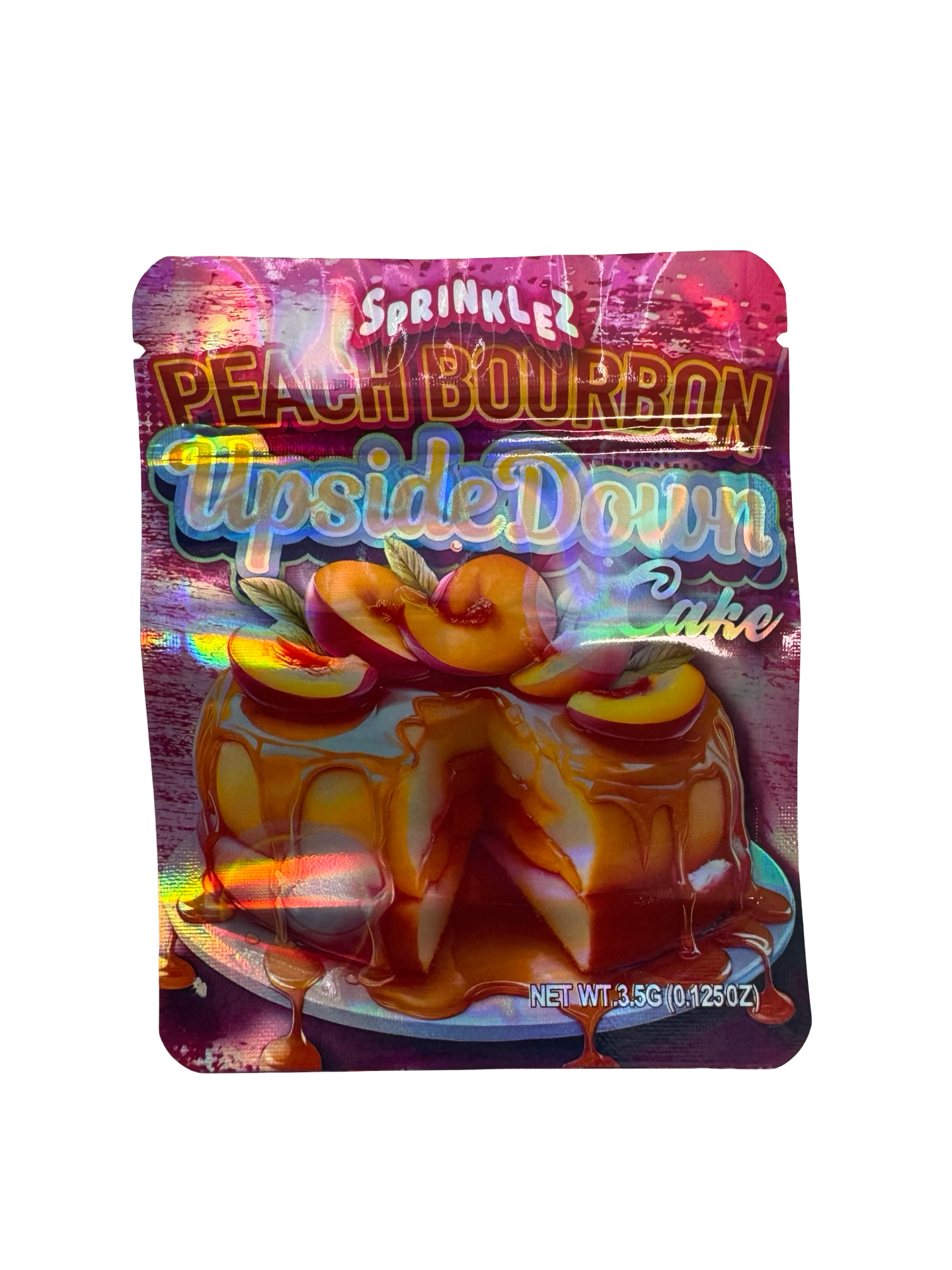 Peach Bourbon Upside Down Cake 3.5g Mylar Bags front
