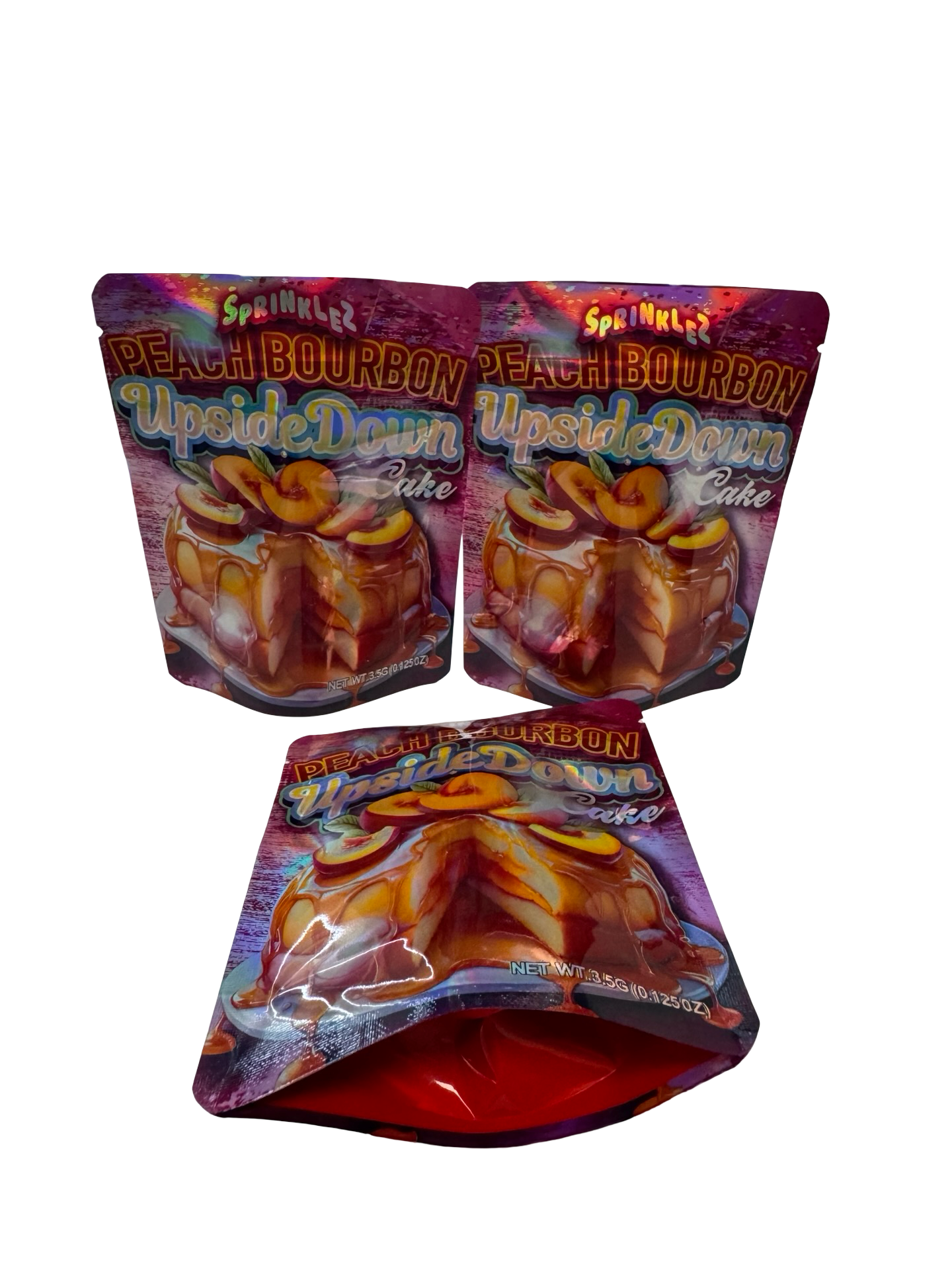 Peach Bourbon Upside Down Cake 3.5g Mylar Bags front, back and gusset