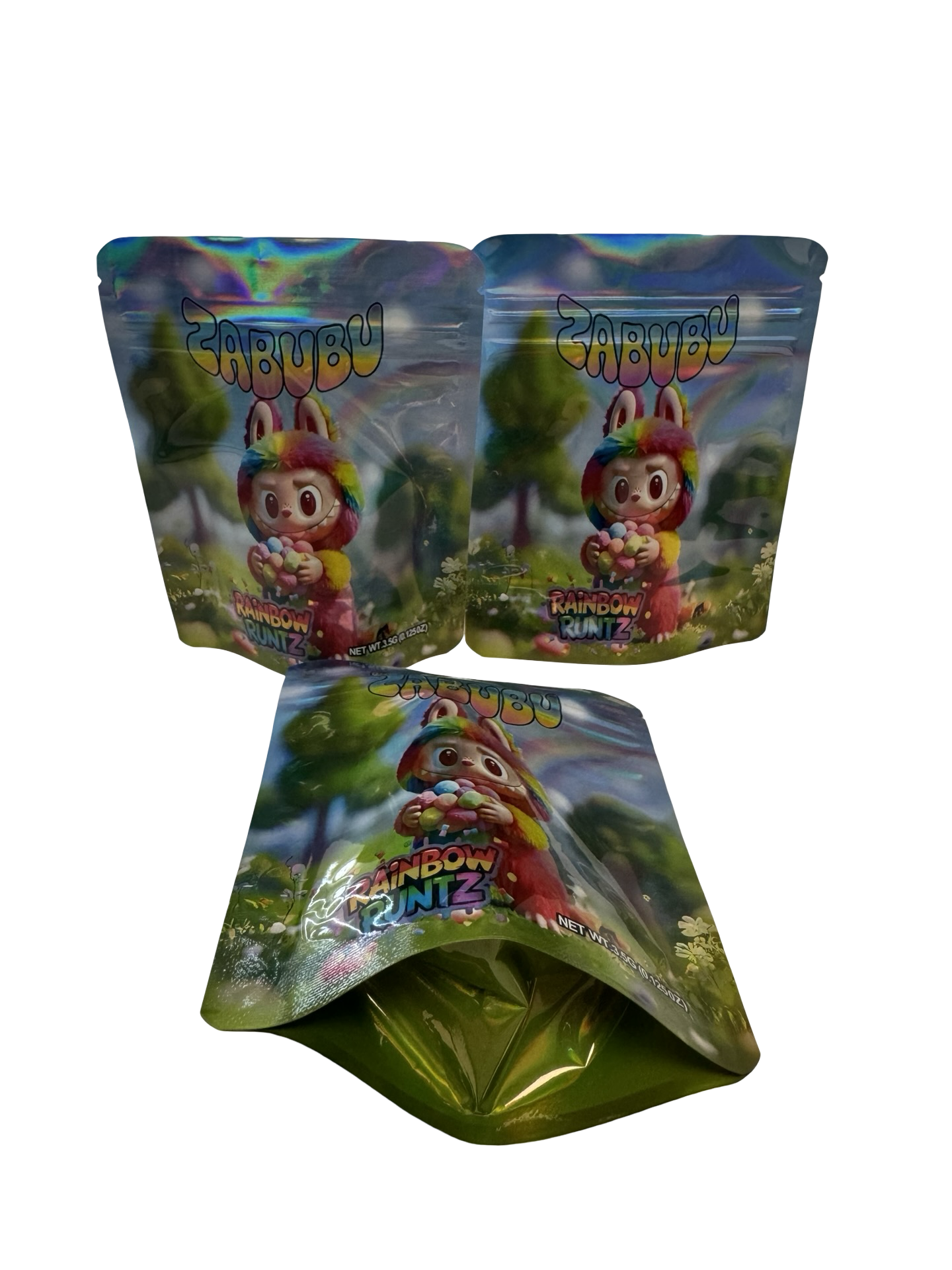 Rainbow Runtz 3.5g Mylar Bags Zabubu front, back and gusset