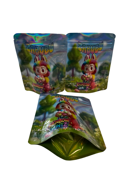 Rainbow Runtz 3.5g Mylar Bags Zabubu front, back and gusset