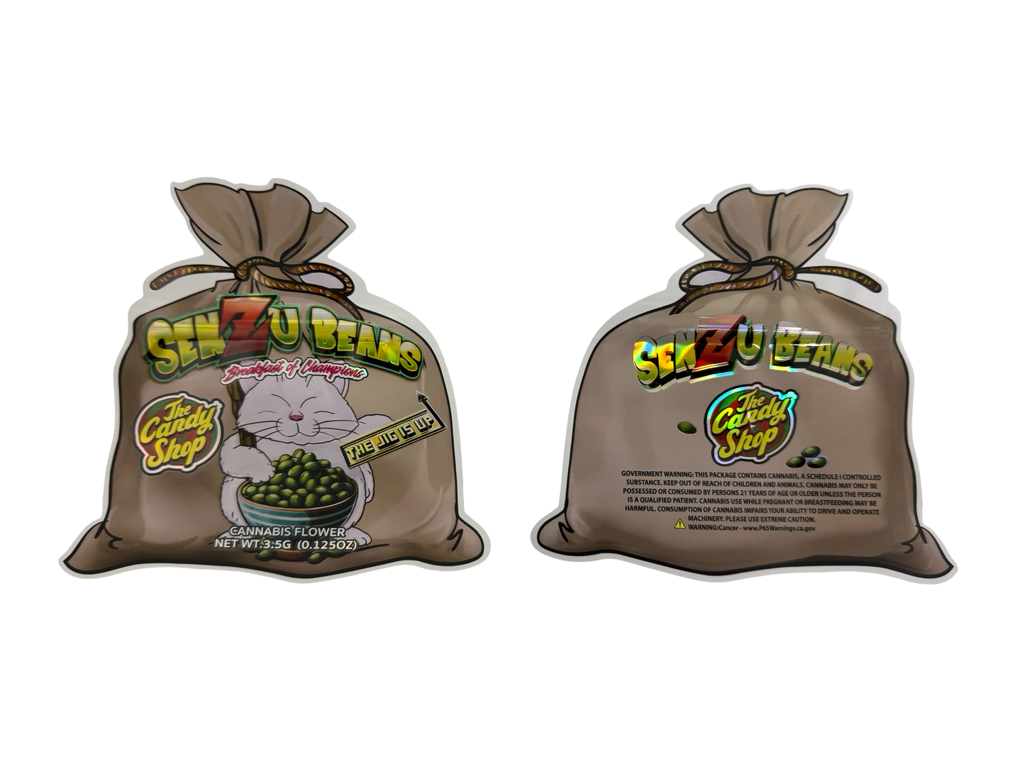 Senzu Beans Mylar Bags 3.5g The Candy Shop front and back
