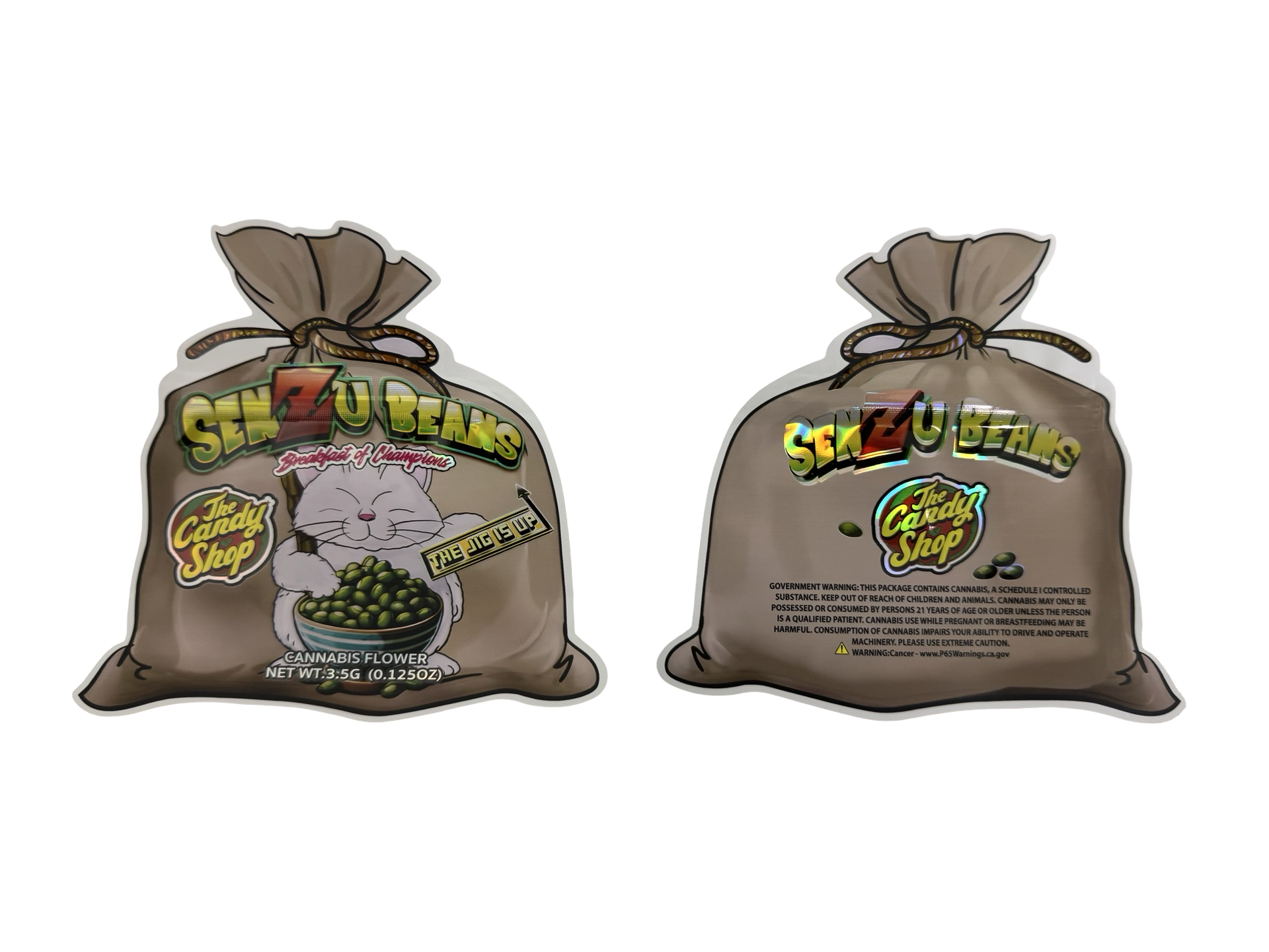 Senzu Beans Mylar Bags 3.5g The Candy Shop front and back