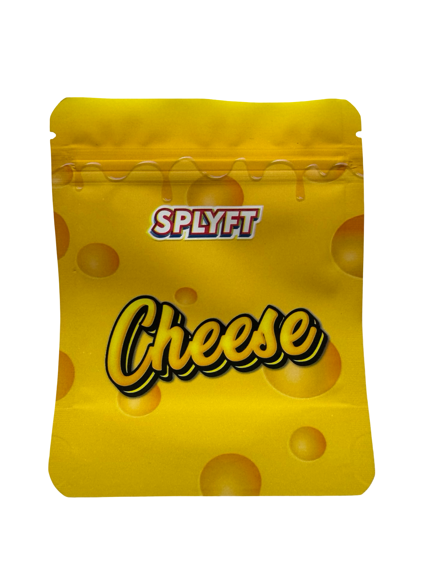 Splyft Cheese 3.5g mylar bag — front view — matte mylar bag with resealable zipper