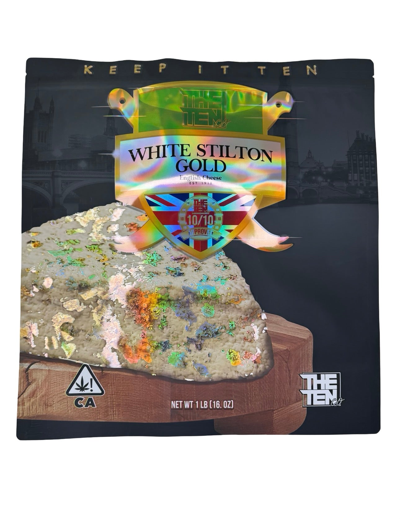 White Stilton Gold Mylar Bags 1 lb (Pound) The Ten Co front