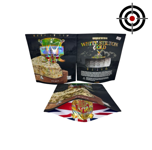 White Stilton Gold Mylar Bags 1 lb (Pound) The Ten Co front, back and gusset