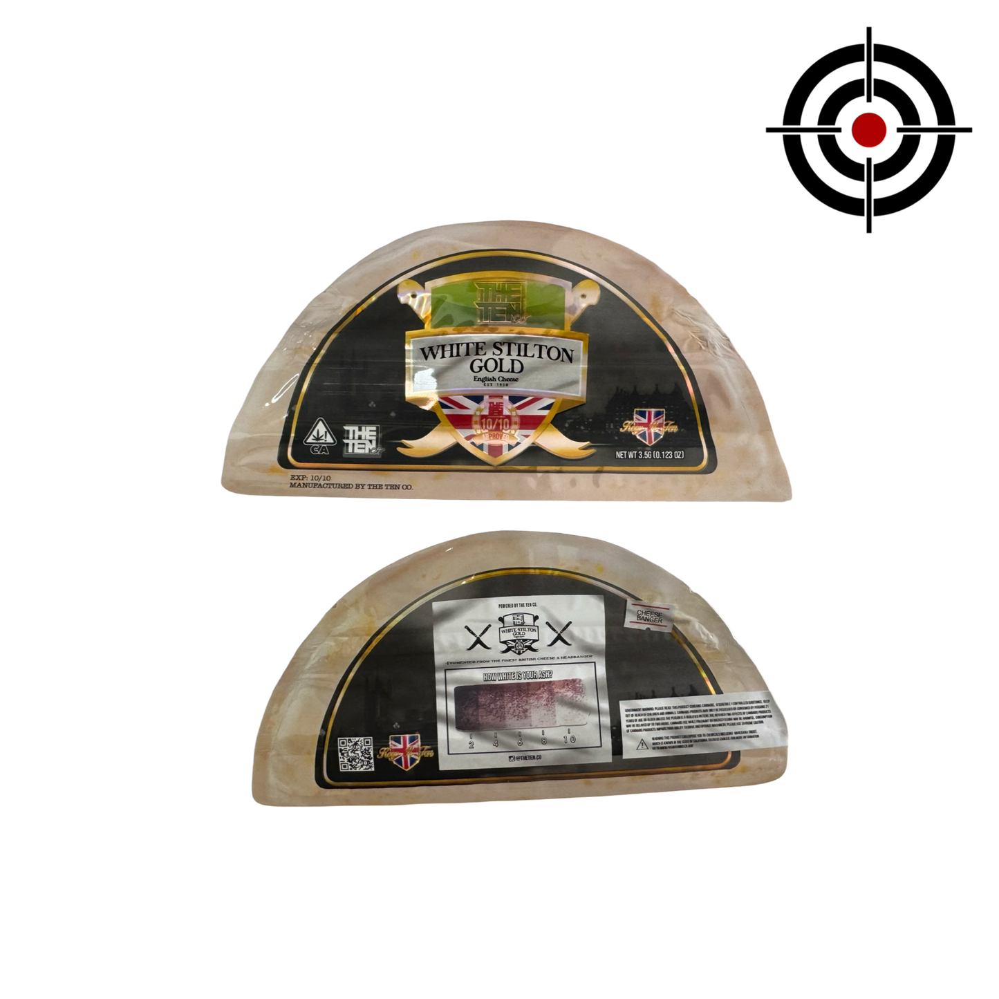 White Stilton Gold Mylar Bags 3.5g The Ten Co front and back