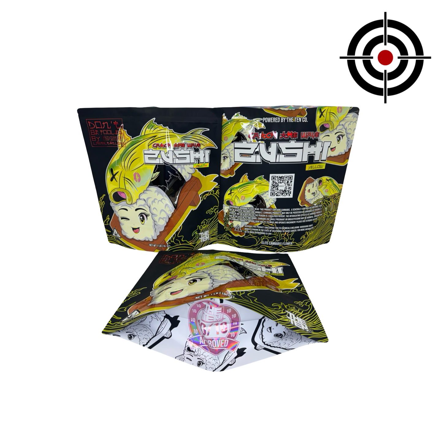 Yellow Zushi Mylar Bags 1 lb (Pound) The Ten Co front, back and gusset