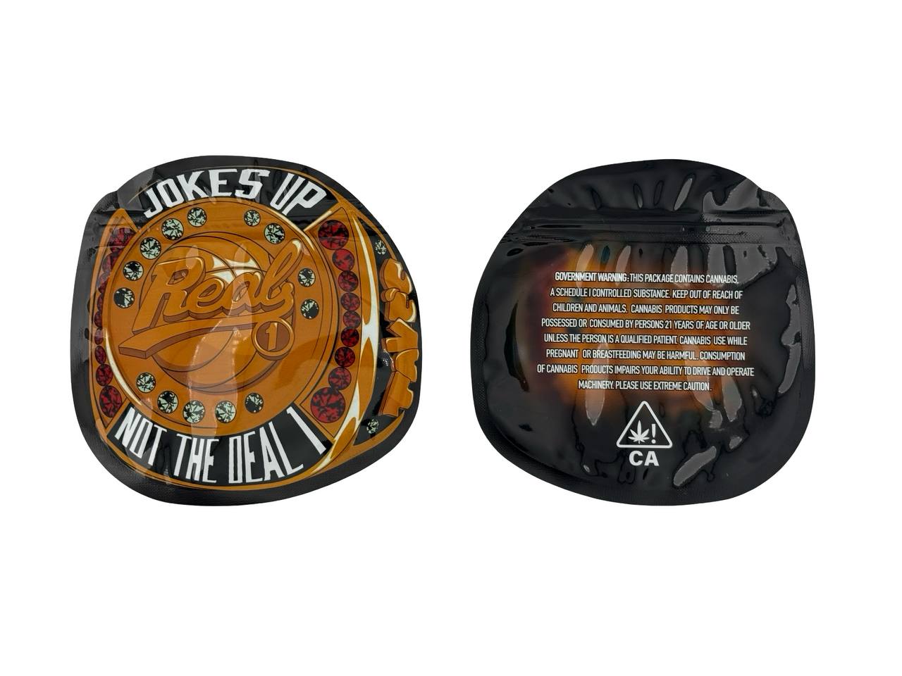 Real One 3.5g mylar bags die-cut championship belt buckle shape, front and back views — Joke's Up cannabis packaging