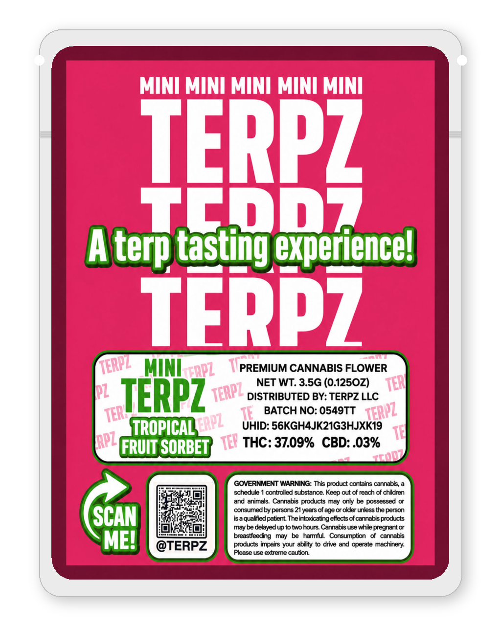 Tropical Fruit Sorbet 3.5g mylar bag back — Terpz child-proof sticker mylar bag back panel