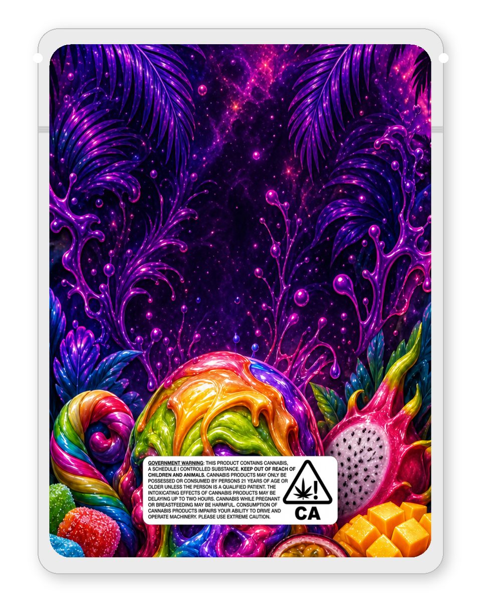 Dirty Exotic Candy custom 4"x5" mylar bag design (back)