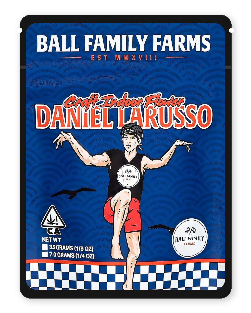 Daniel Larusso 3.5g Mylar Sticker Bags Ball Family Farms - Front Design