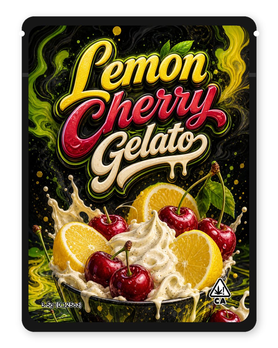 Lemon Cherry Gelato custom 4"x5" mylar bag design (front)