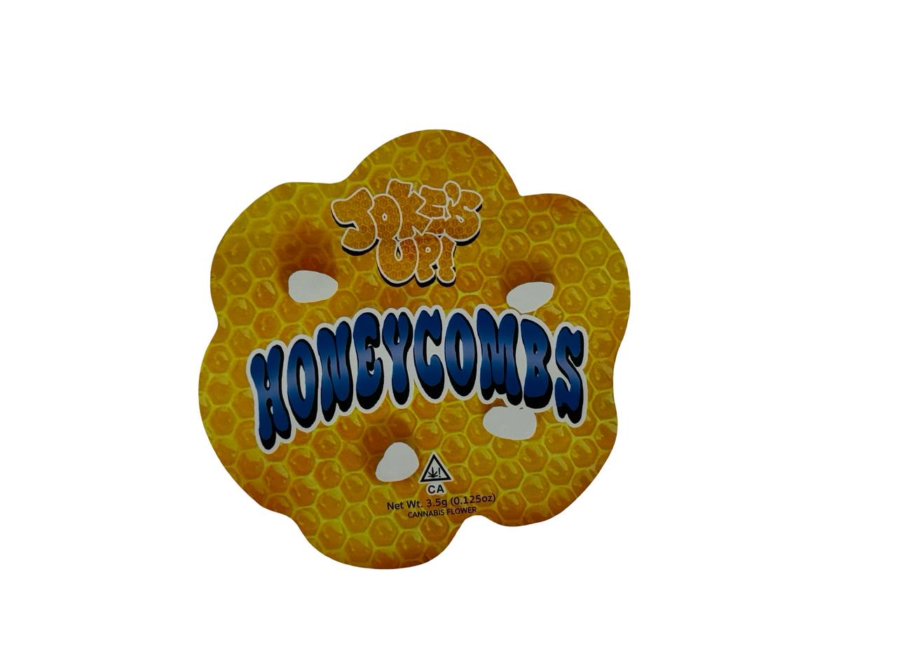 Honeycombs 3.5g mylar bag front design — yellow orange honeycomb texture with blue graffiti lettering