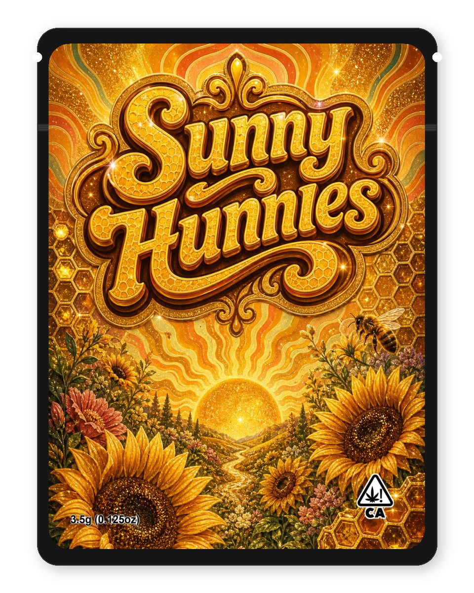 Sunny Hunnies custom 4"x5" mylar bag design (front)