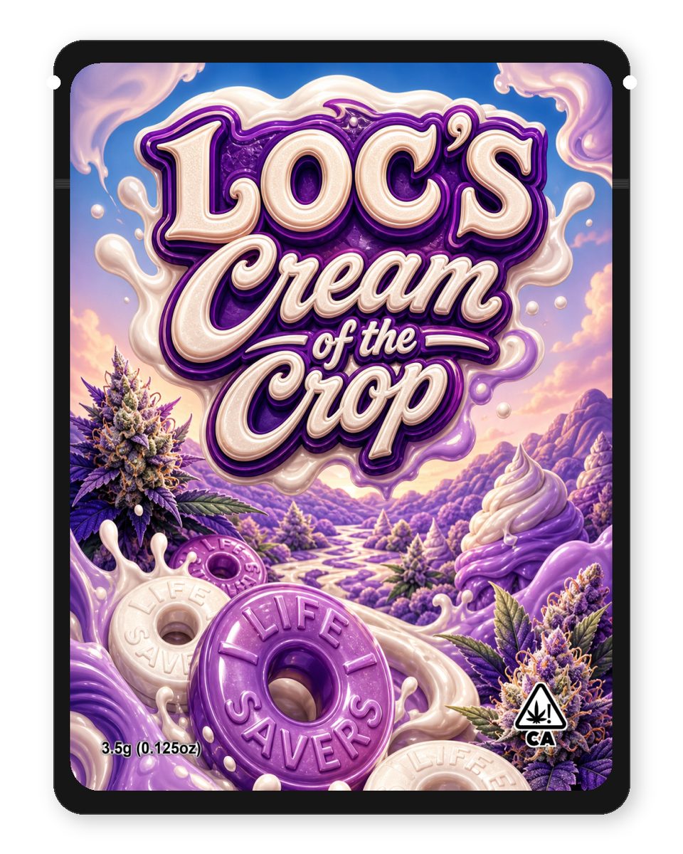 LOC’S Cream of the Crop custom 4"x5" mylar bag design (front)