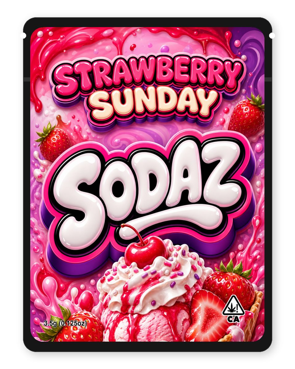 strawberry sunday custom 4"x5" mylar bag design (front)