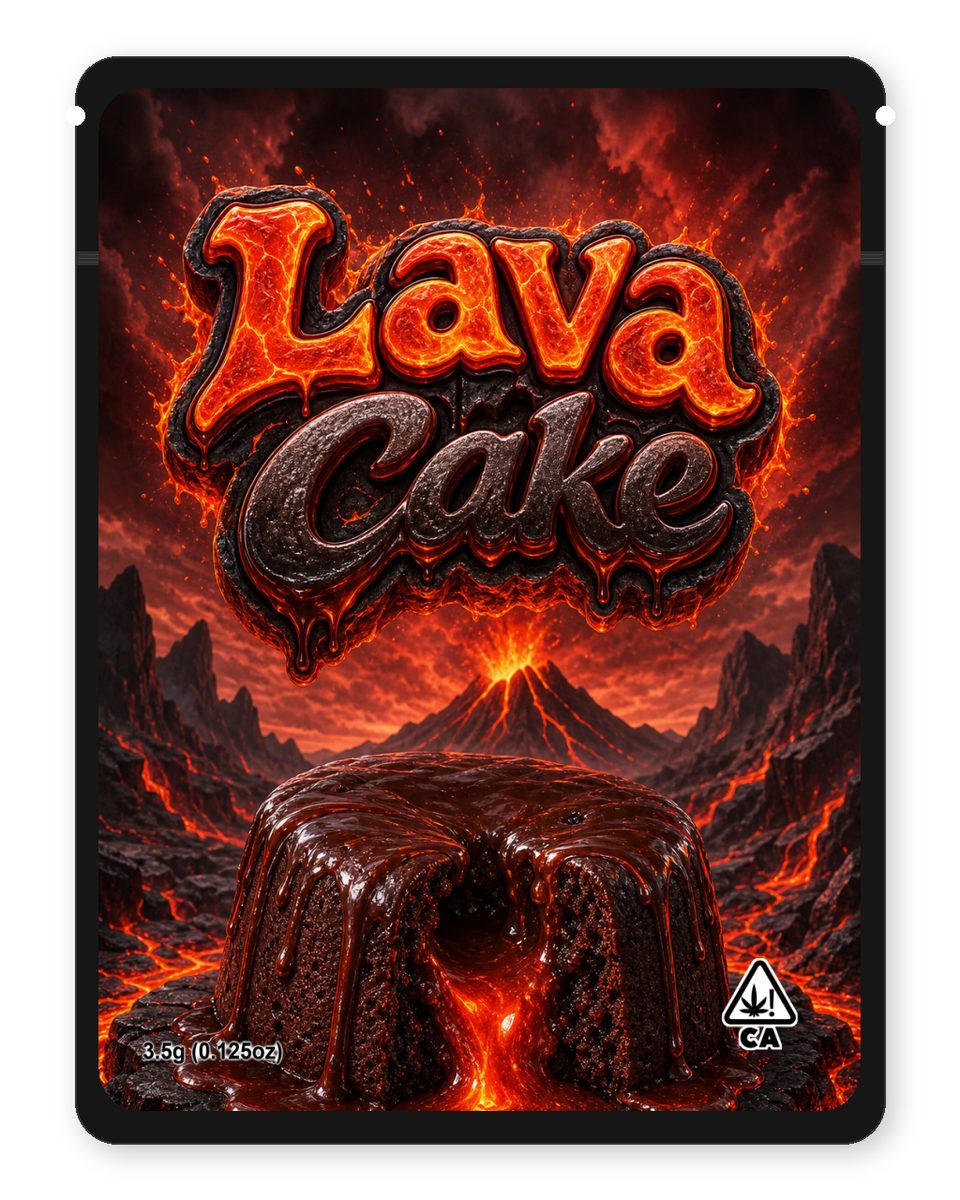 Lava Cake custom 4"x5" mylar bag design (front)
