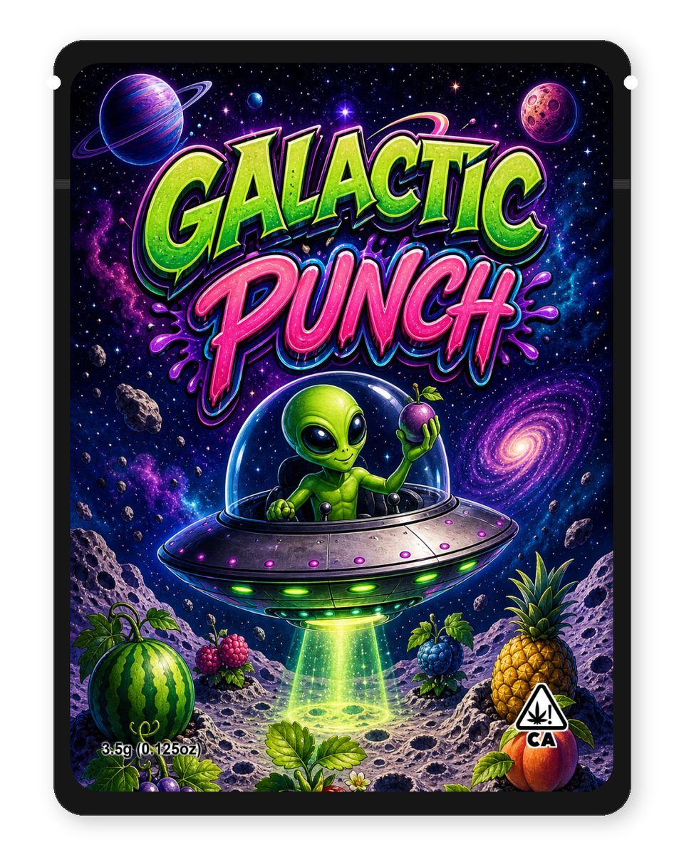 Galactic Punch custom 4"x5" mylar bag design (front)