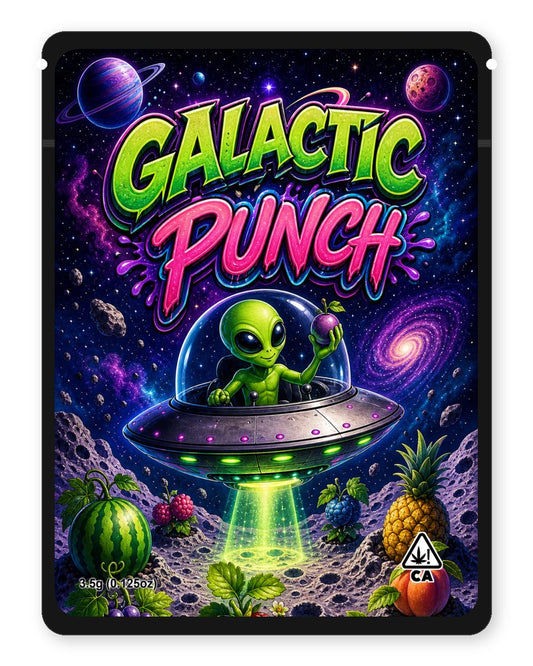 Galactic Punch custom 4"x5" mylar bag design (front)