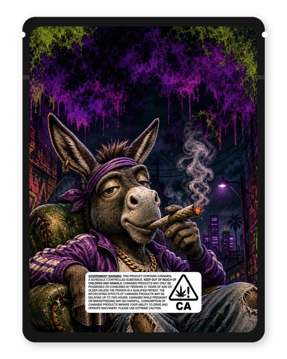 Donkey Kick custom 4"x5" mylar bag design (back)