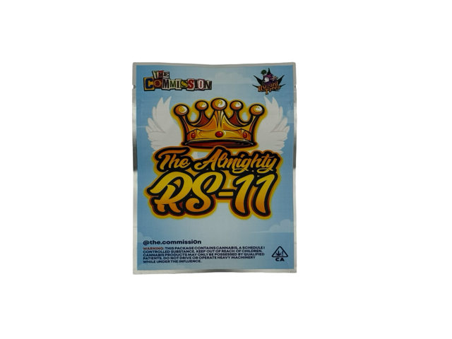 The Almighty RS-11 retro 3.5g mylar bag front design — sky blue background with gilded crown, angel wings, orange-yellow script