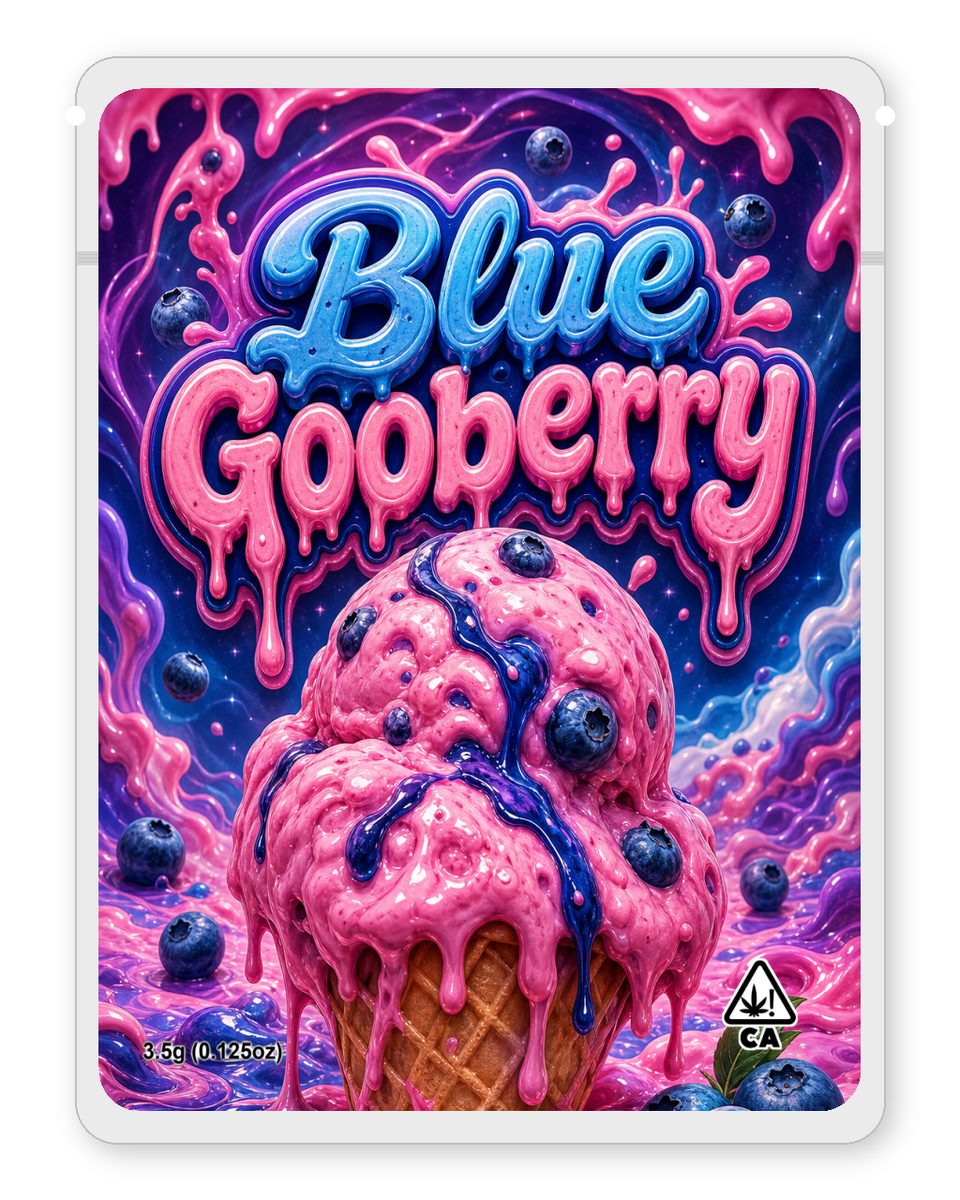 Blue gooberry custom 4"x5" mylar bag design (front)